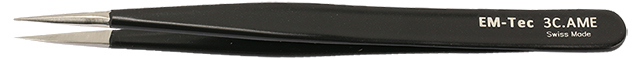 EM-Tec 3C.AME ESD safe epoxy coated precision electronic tweezers, style 3C, short, very sharp fine tips, anti-magnetic stainless steel 